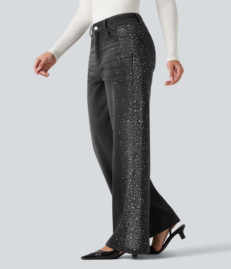 Jean taille haute à jambes larges Halara Flex™ orné de strass avec poches