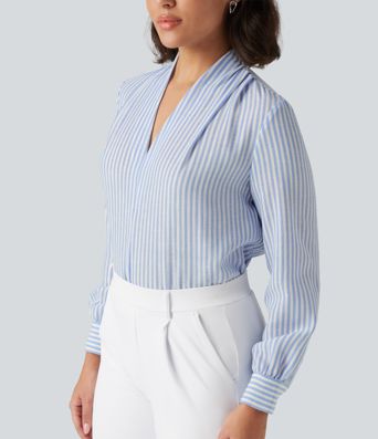 V Neck Long Sleeve Stripe Work Linen-Feel Blouse