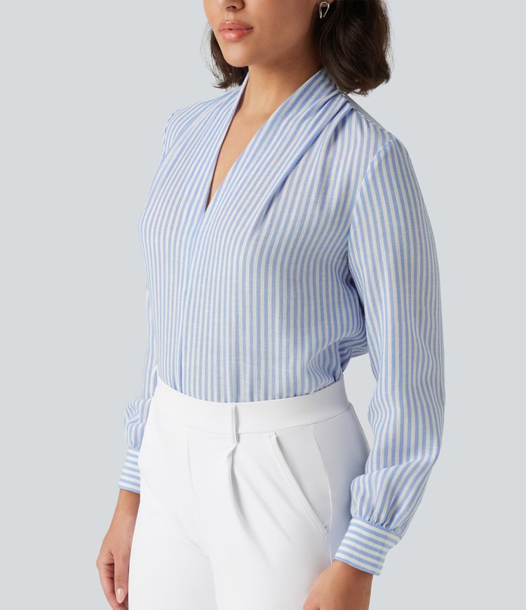 V Neck Long Sleeve Stripe Work Linen-Feel Blouse