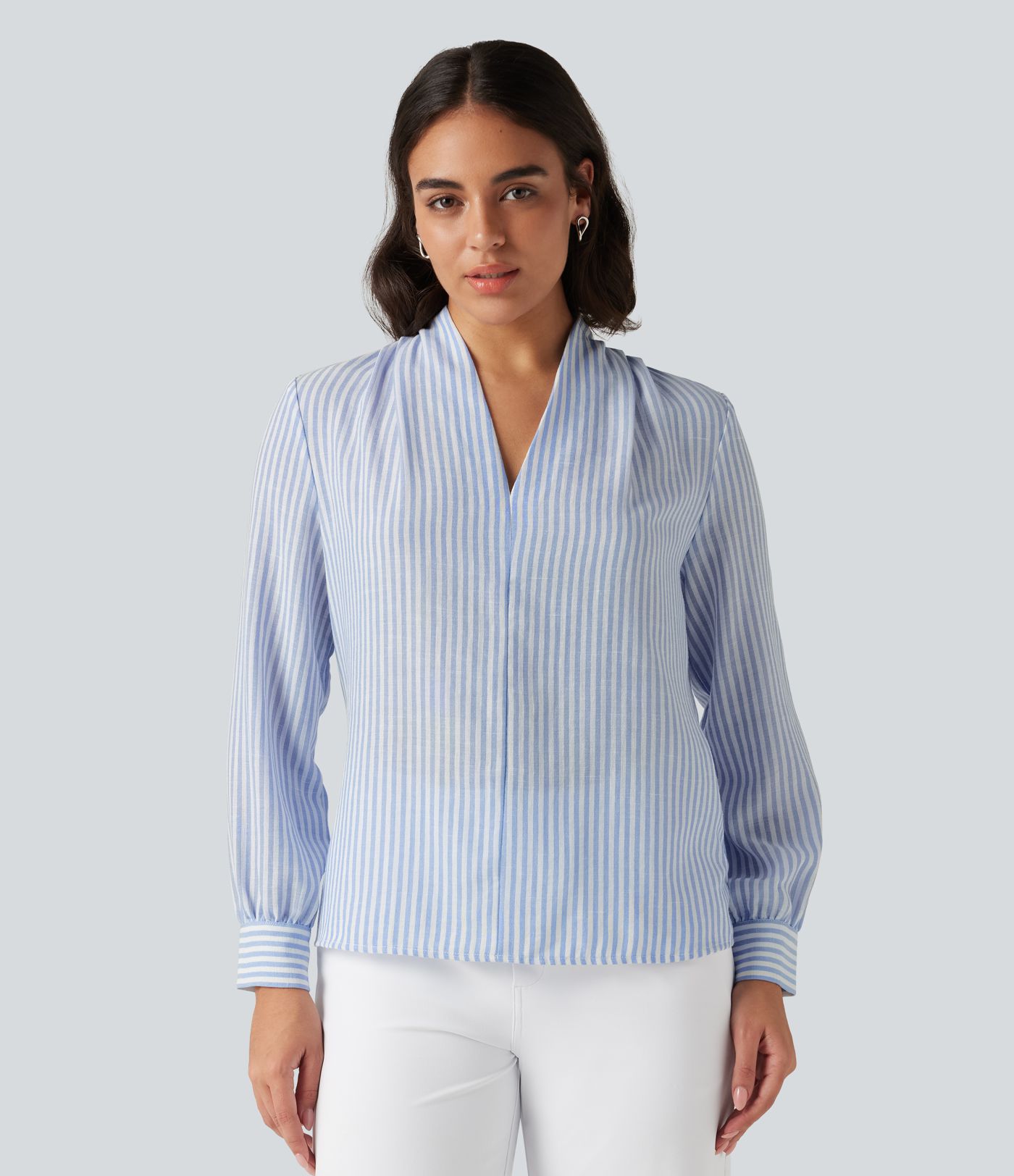 V Neck Long Sleeve Stripe Work Linen-Feel Blouse