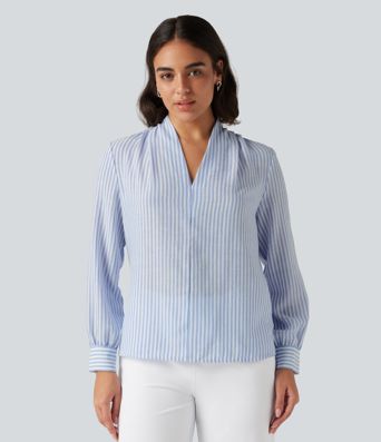 V Neck Long Sleeve Stripe Work Linen-Feel Blouse