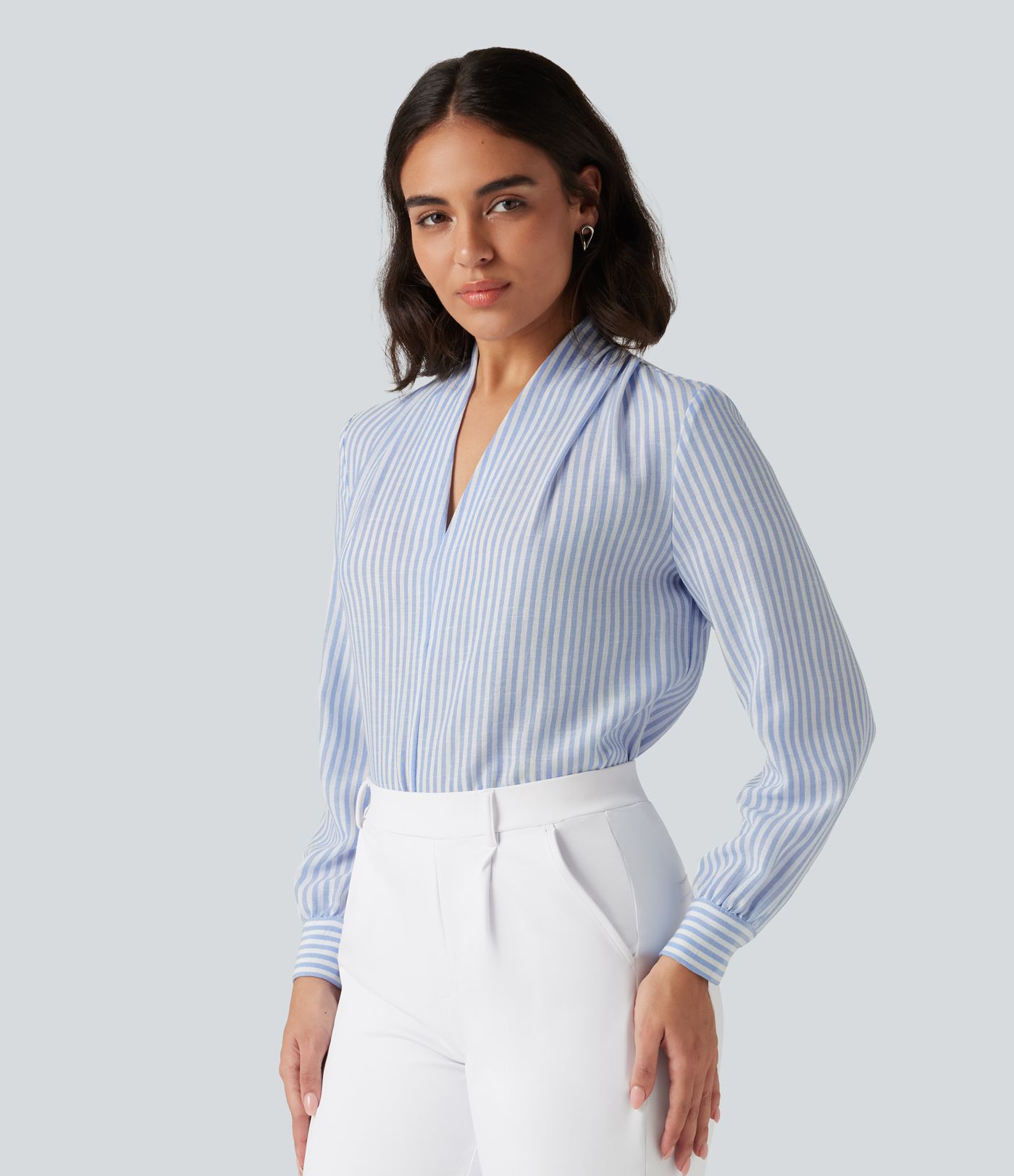 V Neck Long Sleeve Stripe Work Linen-Feel Blouse
