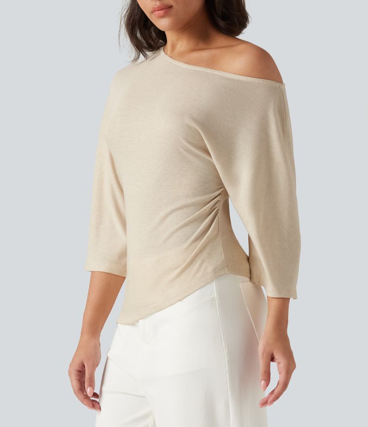 One Shoulder 3/4 Sleeve Ruched Casual Top