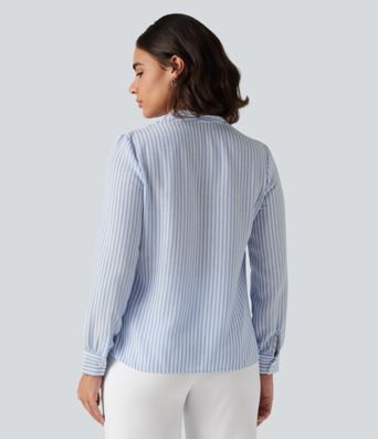 V Neck Long Sleeve Stripe Work Linen-Feel Blouse