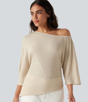 One Shoulder 3/4 Sleeve Ruched Casual Top