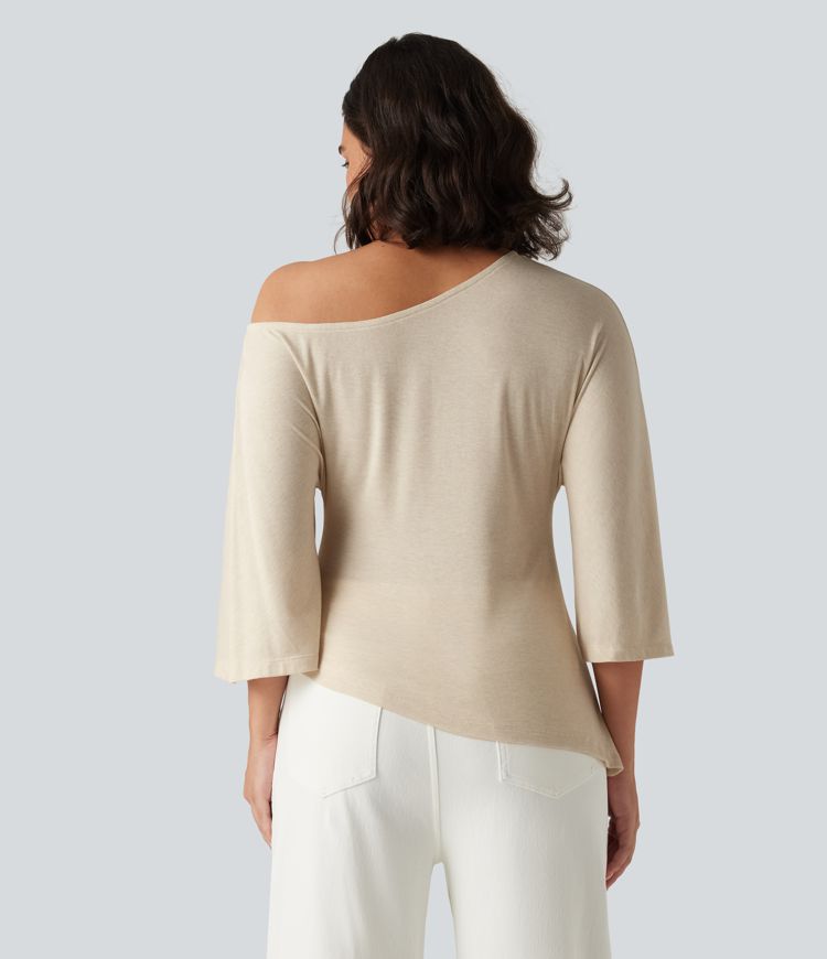 One Shoulder 3/4 Sleeve Ruched Casual Top