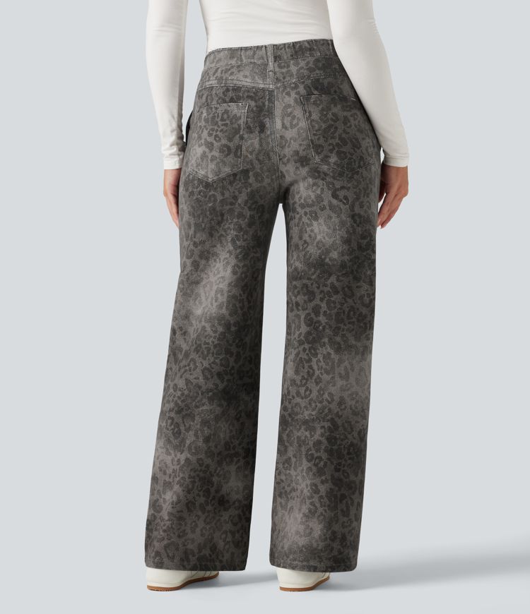 Pantalon de jogging en molleton French Terry effet jean léopard taille mi-haute coupe large avec poches Pantalon de jogging en molleton French Terry effet jean léopard taille mi-haute coupe large avec poches