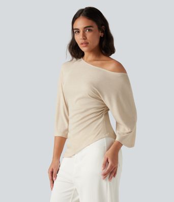 One Shoulder 3/4 Sleeve Ruched Casual Top