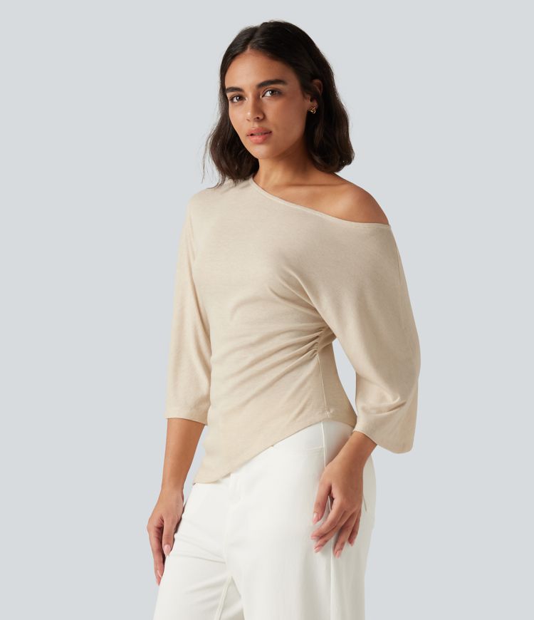 One Shoulder 3/4 Sleeve Ruched Casual Top