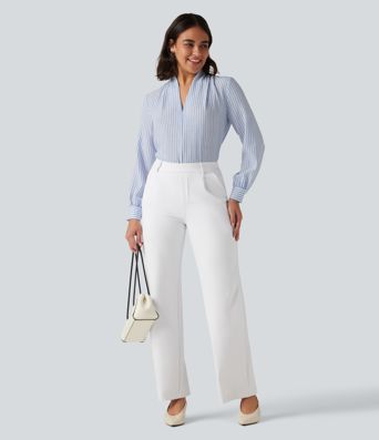 V Neck Long Sleeve Stripe Work Linen-Feel Blouse