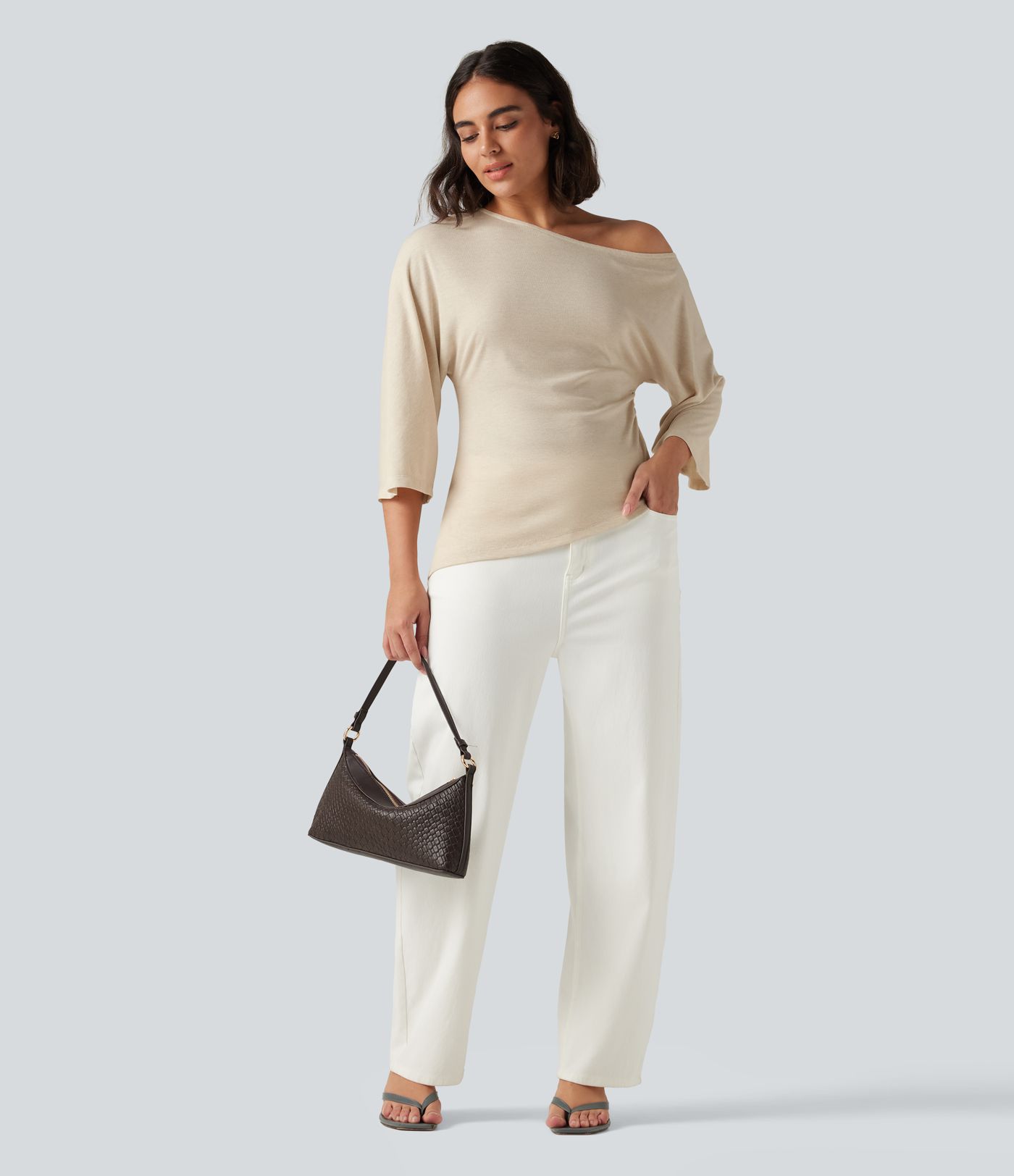 One Shoulder 3/4 Sleeve Ruched Casual Top