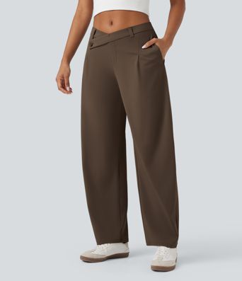 Halara Flex™ DayStretch Pantalones de trabajo asimétricos de tiro medio, con pernera tipo barril y bolsillos