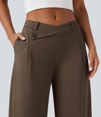 Halara Flex™ DayStretch Pantalones de trabajo asimétricos de tiro medio, con pernera tipo barril y bolsillos