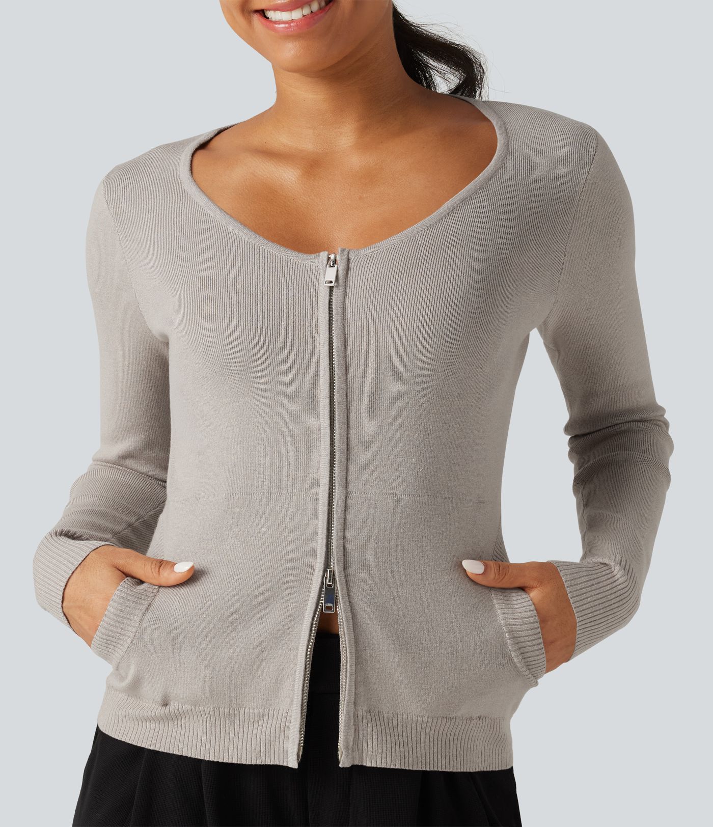 Round Neck Long Sleeve Slim Lounge Cardigan with Pockets