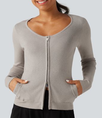 Round Neck Long Sleeve Slim Lounge Cardigan with Pockets