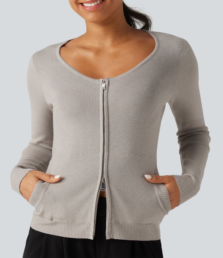 Round Neck Long Sleeve Slim Lounge Cardigan with Pockets