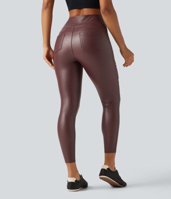 Legging en simili stretch doublé polaire taille haute croisée gainant avec poches Legging en simili stretch doublé polaire taille haute croisée gainant avec poches