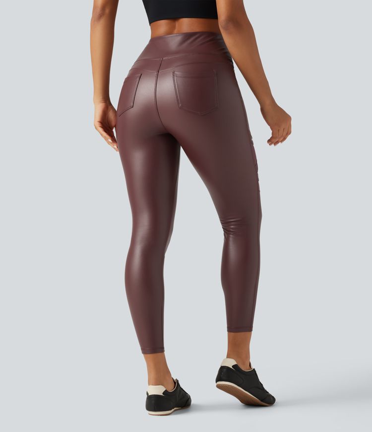 Legging en simili stretch doublé polaire taille haute croisée gainant avec poches Legging en simili stretch doublé polaire taille haute croisée gainant avec poches