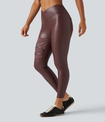 Legging en simili stretch doublé polaire taille haute croisée gainant avec poches Legging en simili stretch doublé polaire taille haute croisée gainant avec poches