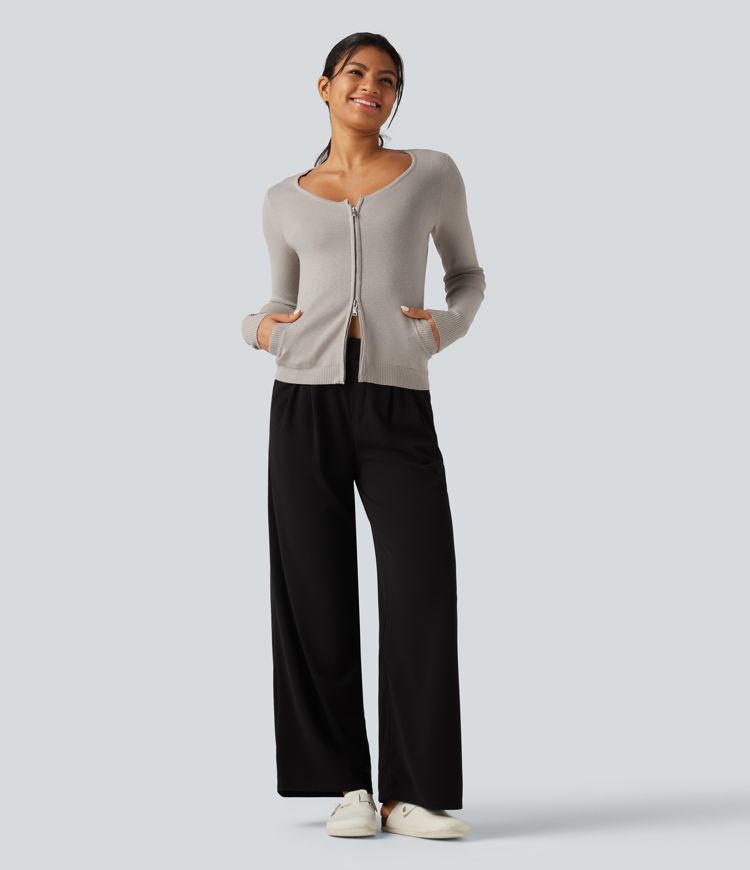 Round Neck Long Sleeve Slim Lounge Cardigan with Pockets