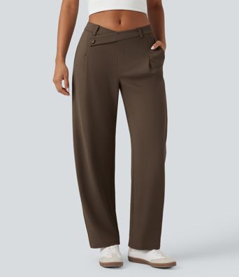 Halara Flex™ DayStretch Pantalones de trabajo asimétricos de tiro medio, con pernera tipo barril y bolsillos