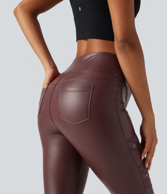 Legging en simili stretch doublé polaire taille haute croisée gainant avec poches Legging en simili stretch doublé polaire taille haute croisée gainant avec poches