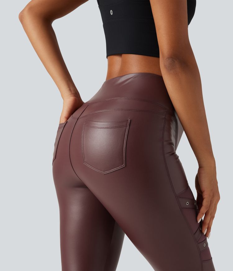 Legging en simili stretch doublé polaire taille haute croisée gainant avec poches Legging en simili stretch doublé polaire taille haute croisée gainant avec poches