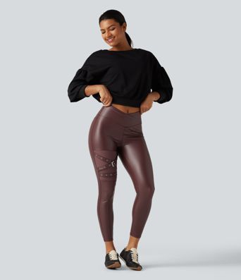 Legging en simili stretch doublé polaire taille haute croisée gainant avec poches Legging en simili stretch doublé polaire taille haute croisée gainant avec poches