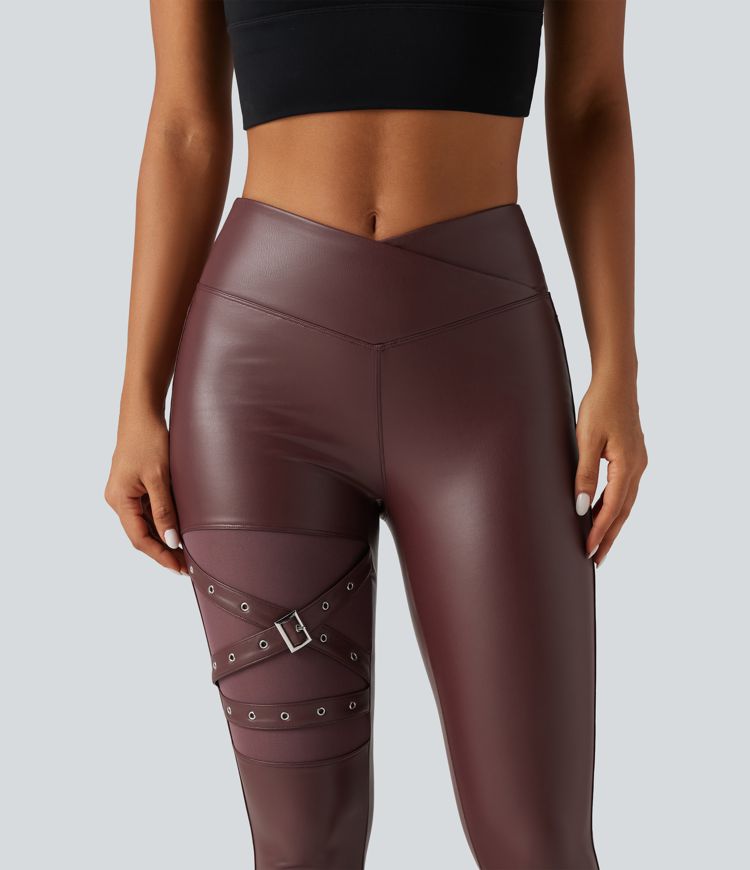 Legging en simili stretch doublé polaire taille haute croisée gainant avec poches Legging en simili stretch doublé polaire taille haute croisée gainant avec poches