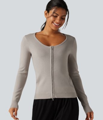 Round Neck Long Sleeve Slim Lounge Cardigan with Pockets