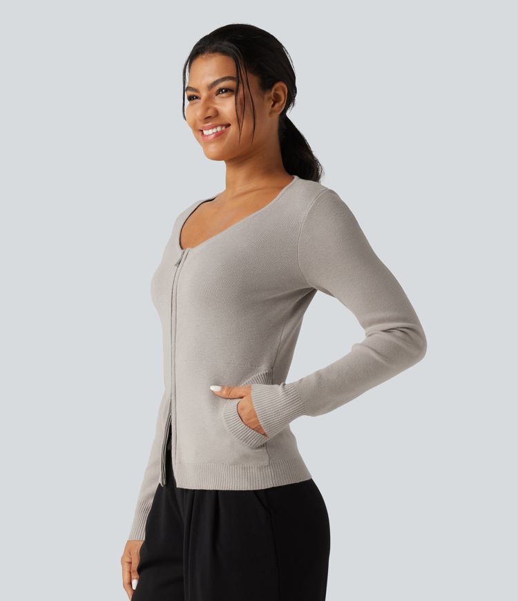 Round Neck Long Sleeve Slim Lounge Cardigan with Pockets