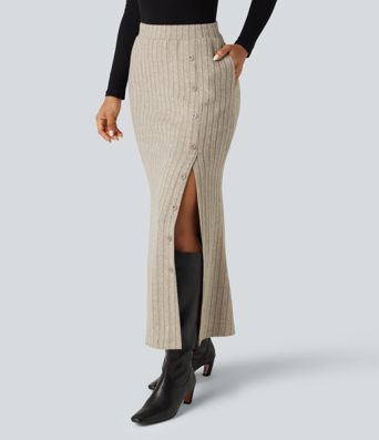 Ribbed Knit High Waisted Split Bodycon Maxi Casual Skirt with Pockets