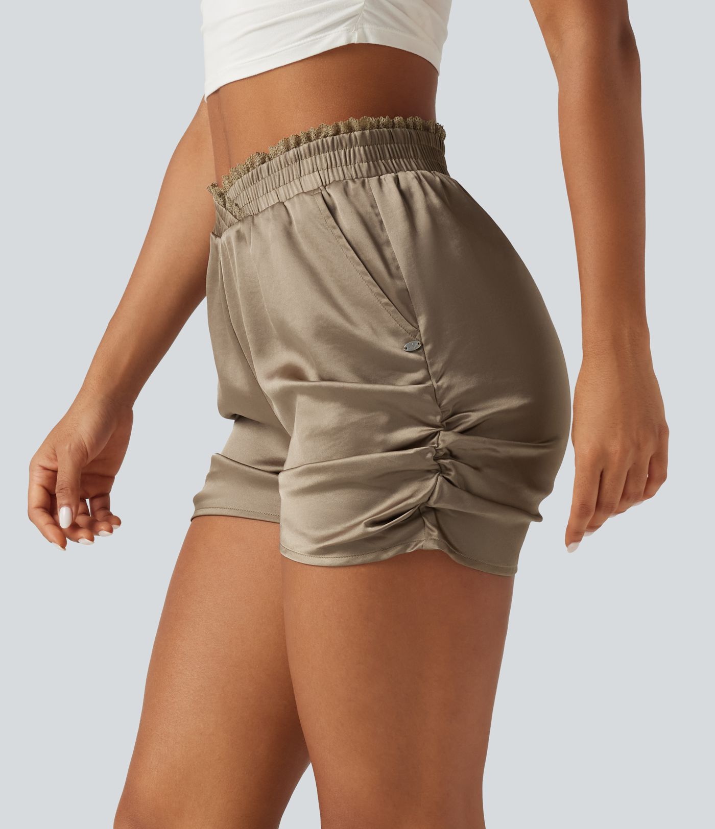 Mid Rise Crossover Lace Ruched Satin Casual Shorts 3'' with Pockets Mid Rise Crossover Lace Ruched Satin Casual Shorts 3'' with Pockets