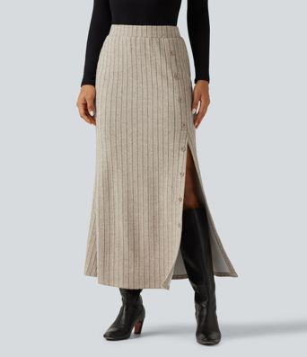 Ribbed Knit High Waisted Split Bodycon Maxi Casual Skirt with Pockets