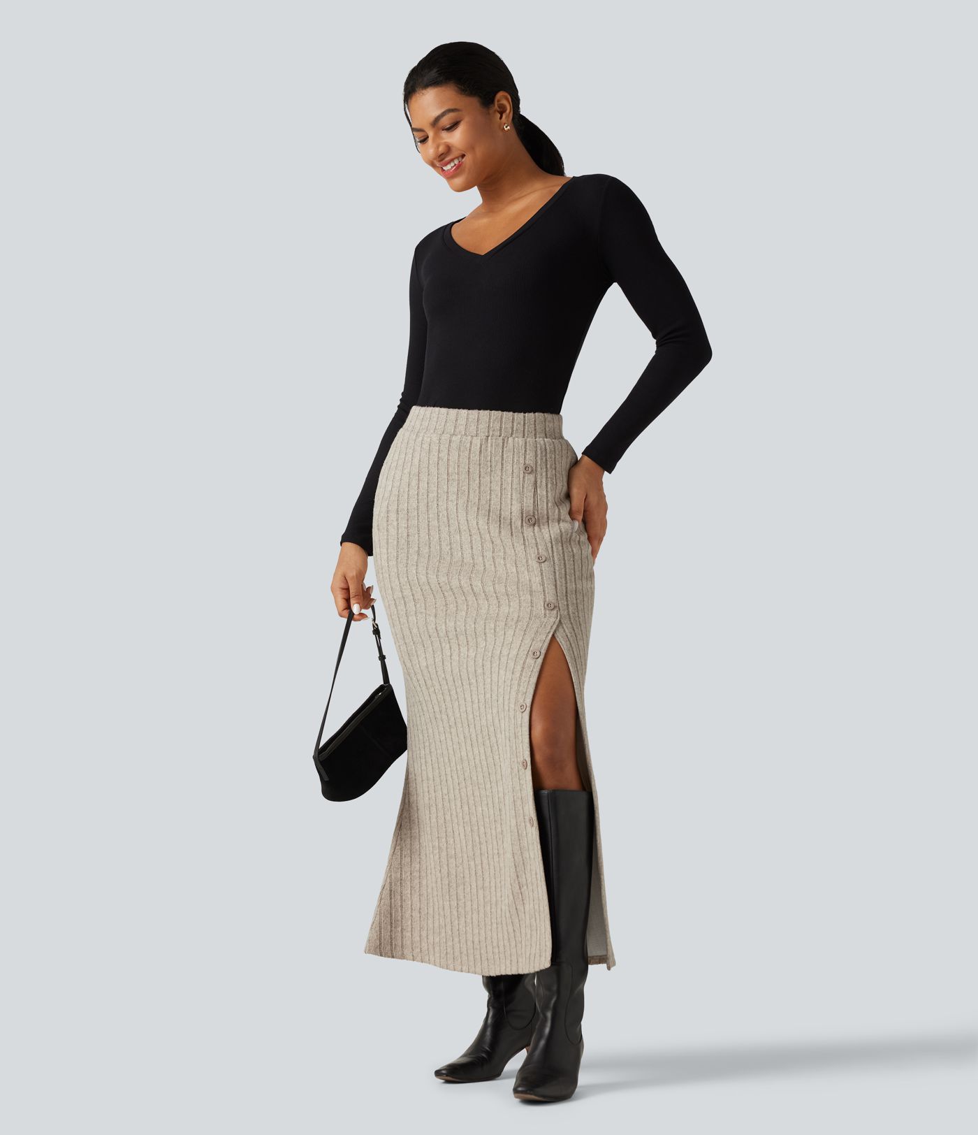 Ribbed Knit High Waisted Split Bodycon Maxi Casual Skirt with Pockets