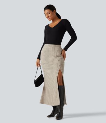 Ribbed Knit High Waisted Split Bodycon Maxi Casual Skirt with Pockets
