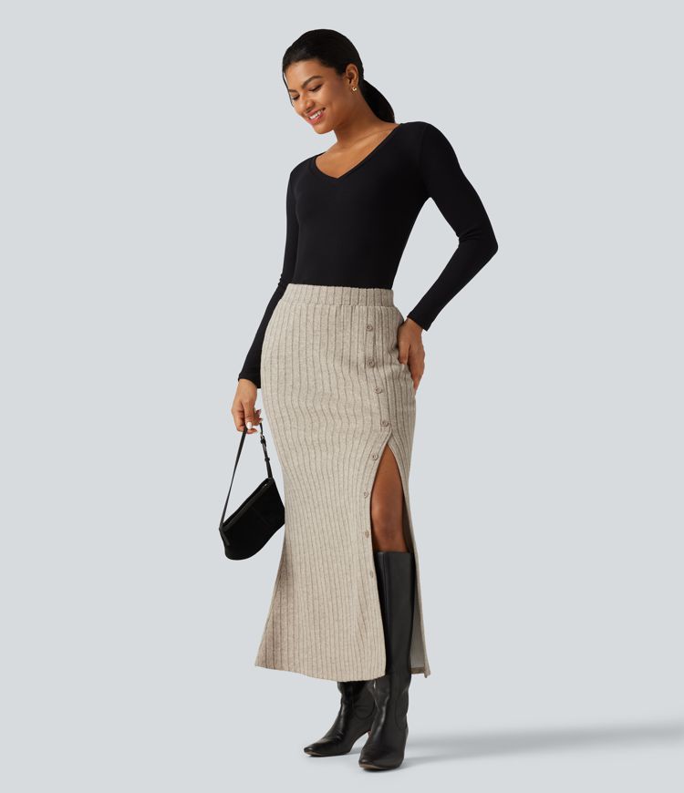 Ribbed Knit High Waisted Split Bodycon Maxi Casual Skirt with Pockets