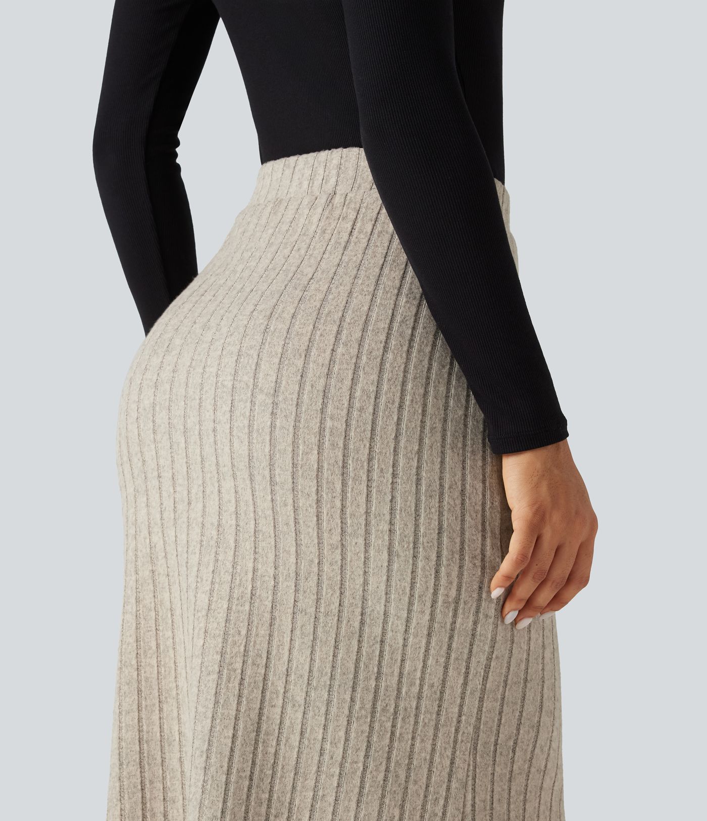 Ribbed Knit High Waisted Split Bodycon Maxi Casual Skirt with Pockets