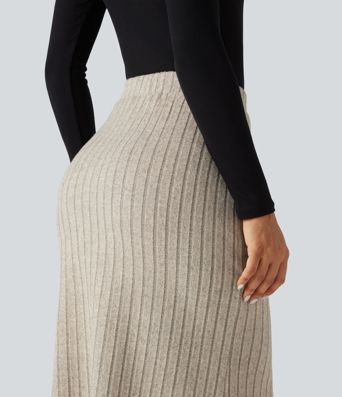 Ribbed Knit High Waisted Split Bodycon Maxi Casual Skirt with Pockets