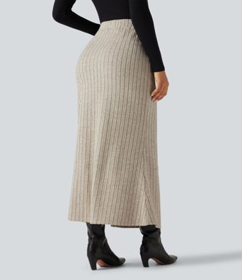 Ribbed Knit High Waisted Split Bodycon Maxi Casual Skirt with Pockets
