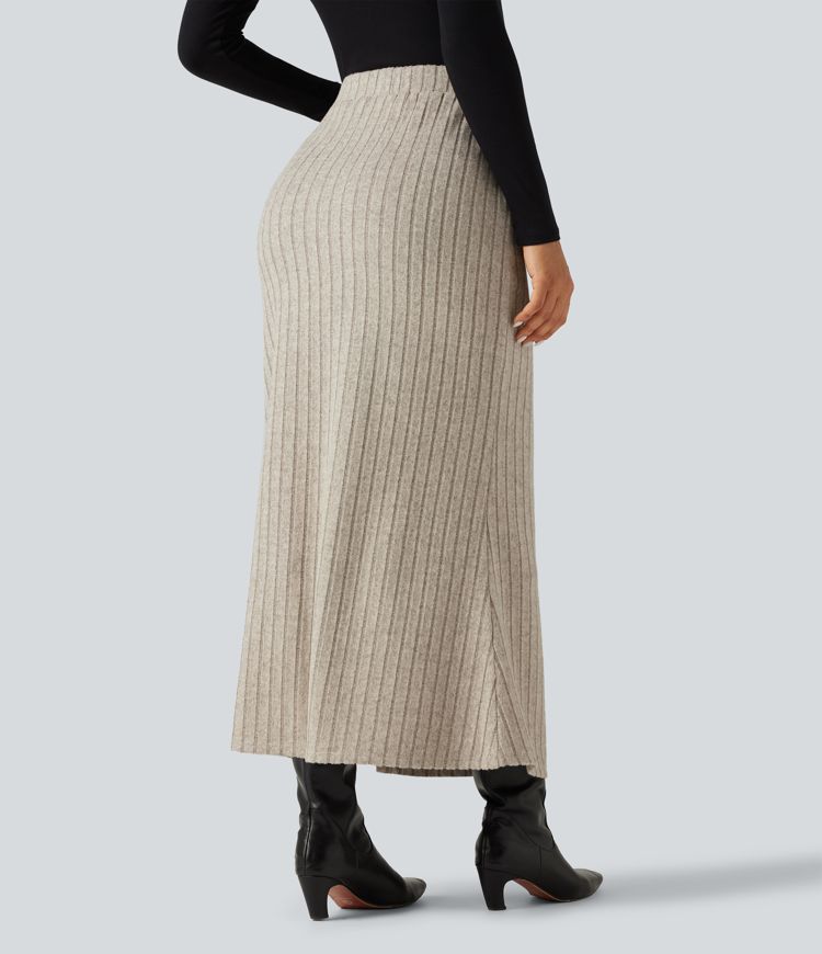 Ribbed Knit High Waisted Split Bodycon Maxi Casual Skirt with Pockets