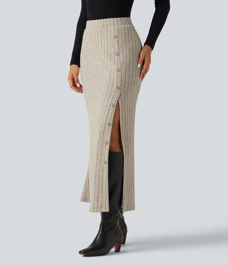 Ribbed Knit High Waisted Split Bodycon Maxi Casual Skirt with Pockets