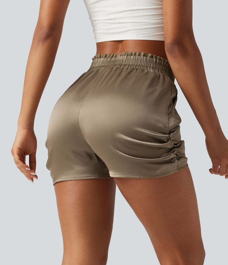 Mid Rise Crossover Lace Ruched Satin Casual Shorts 3'' with Pockets Mid Rise Crossover Lace Ruched Satin Casual Shorts 3'' with Pockets