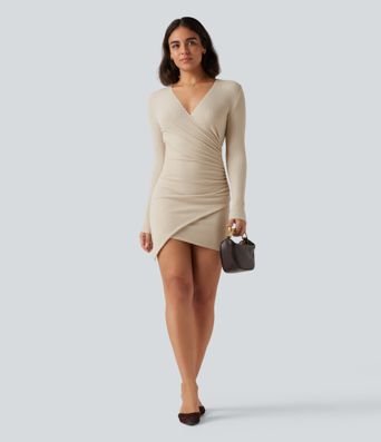 Ribbed Knit Deep V Neck Long Sleeve Ruched Bodycon Mini Casual Dress 