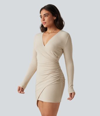 Ribbed Knit Deep V Neck Long Sleeve Ruched Bodycon Mini Casual Dress 
