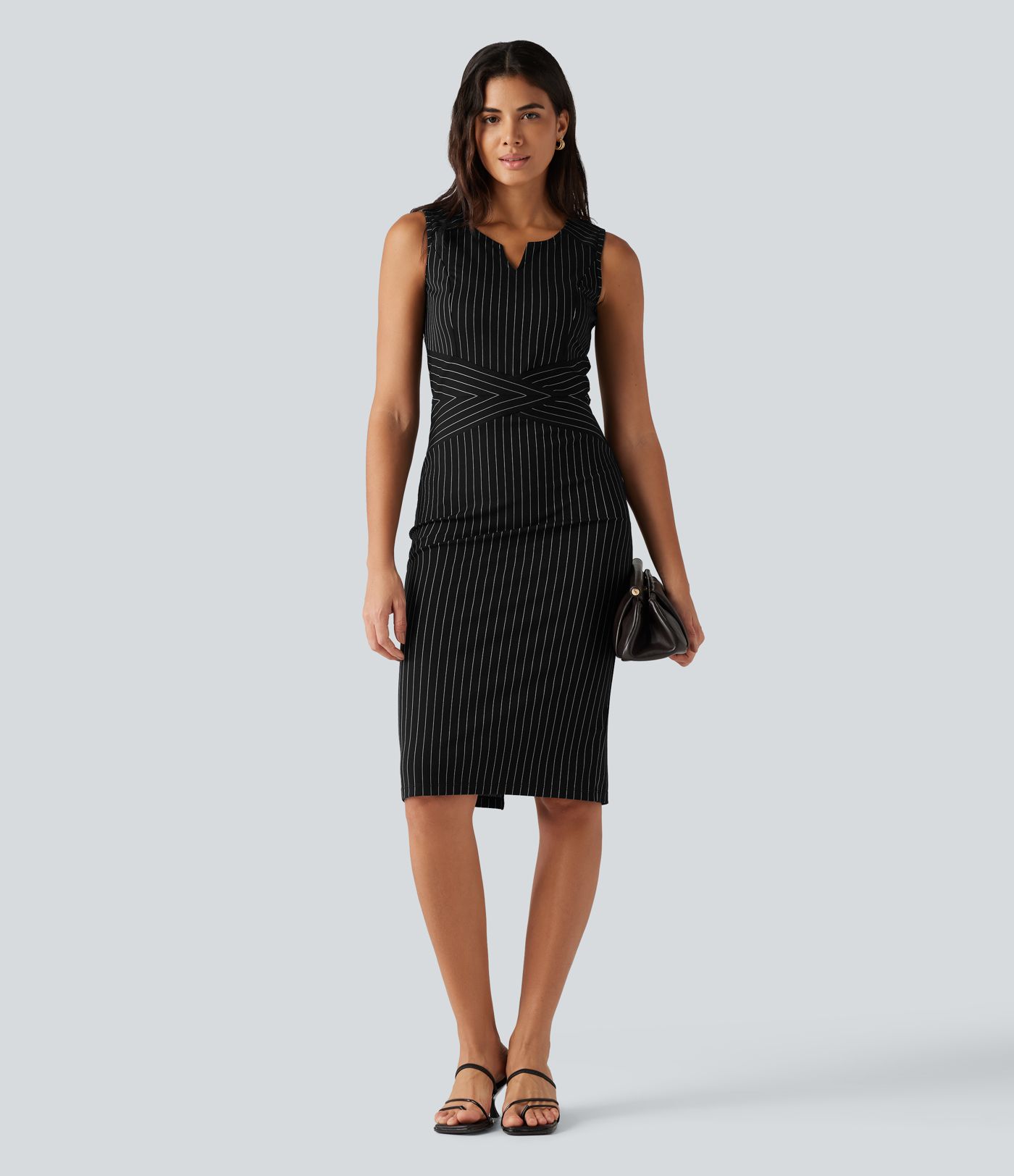Notched Collar Sleeveless Bodycon Stripe Midi Work Dress Notched Collar Sleeveless Bodycon Stripe Midi Work Dress