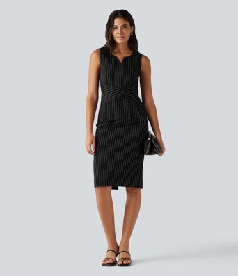 Notched Collar Sleeveless Bodycon Stripe Midi Work Dress Notched Collar Sleeveless Bodycon Stripe Midi Work Dress
