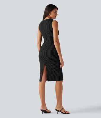 Notched Collar Sleeveless Bodycon Stripe Midi Work Dress Notched Collar Sleeveless Bodycon Stripe Midi Work Dress