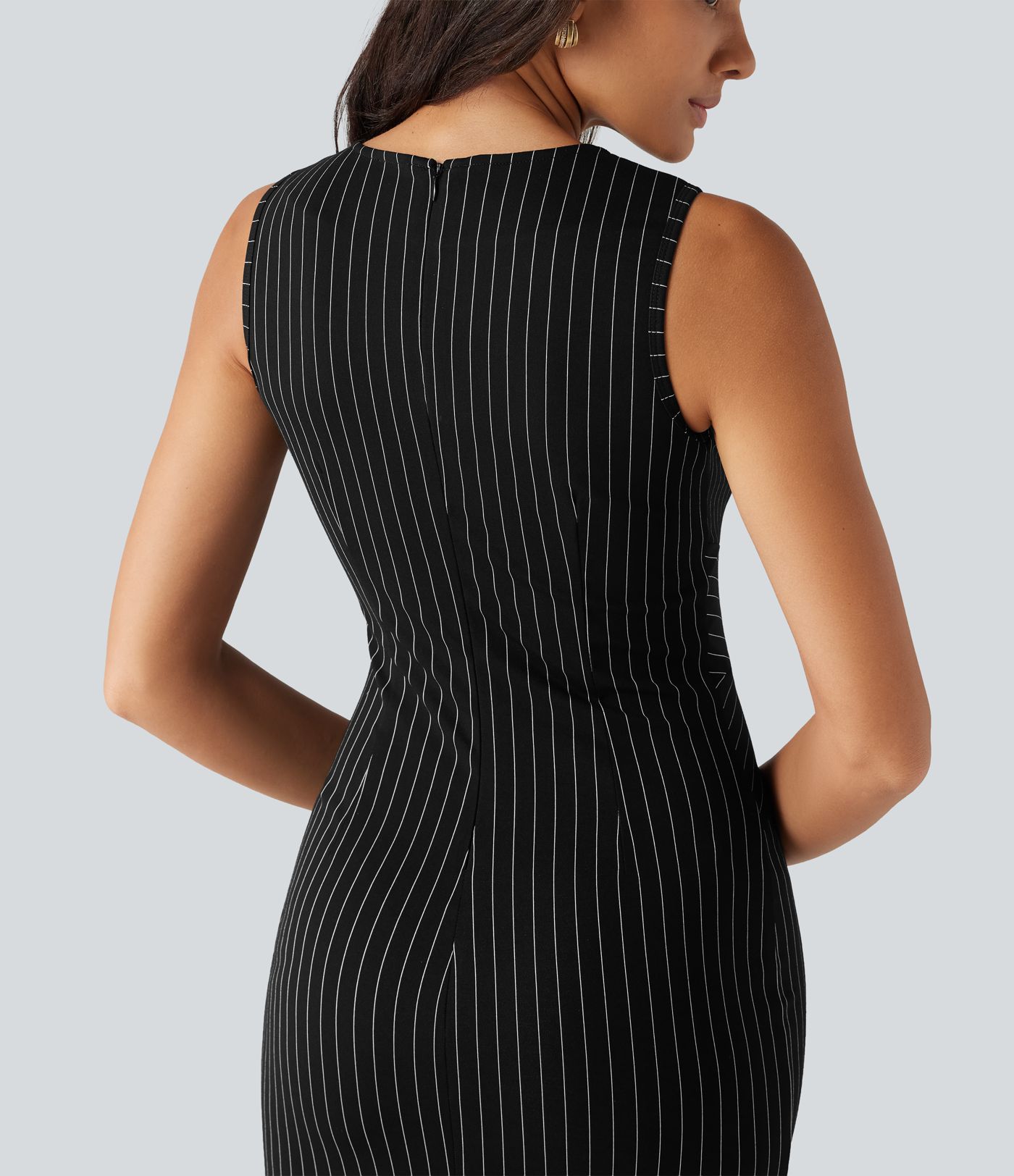 Notched Collar Sleeveless Bodycon Stripe Midi Work Dress Notched Collar Sleeveless Bodycon Stripe Midi Work Dress