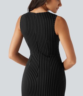 Notched Collar Sleeveless Bodycon Stripe Midi Work Dress Notched Collar Sleeveless Bodycon Stripe Midi Work Dress